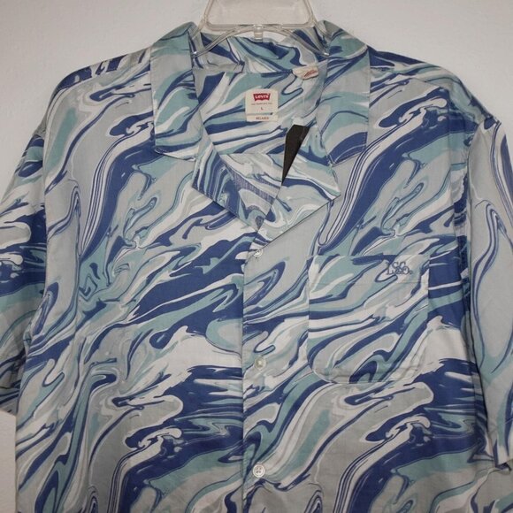 Levi's Cubano Button Front Shirt Men's Size L Blue Marble Print Camp Shirt - Picture 2 of 10